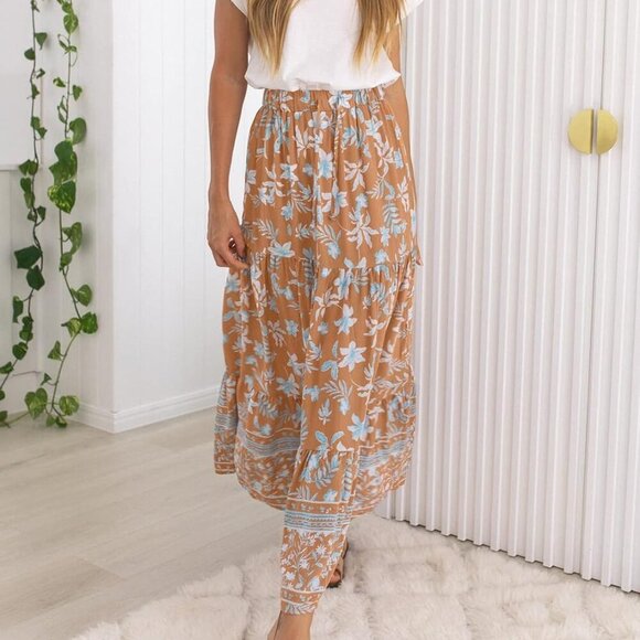 Women's 2025 Summer Bohemian Floral Printed Elastic Waist A Line Maxi Skirt with - Picture 2 of 6